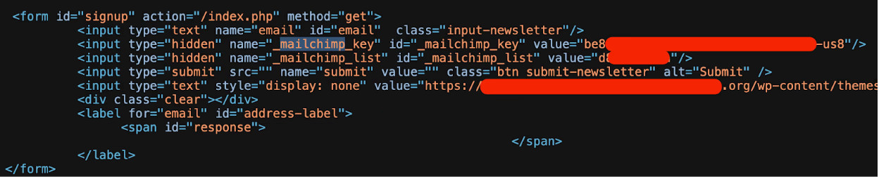 MailChimp API keys leaked in front-end HTML and JavaScript